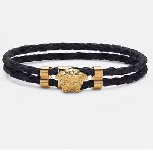 VERSACE BLACK & GOLD MEDUSA BRAIDED LEATHER BRACELET. EUC! Unisex. Retail $275